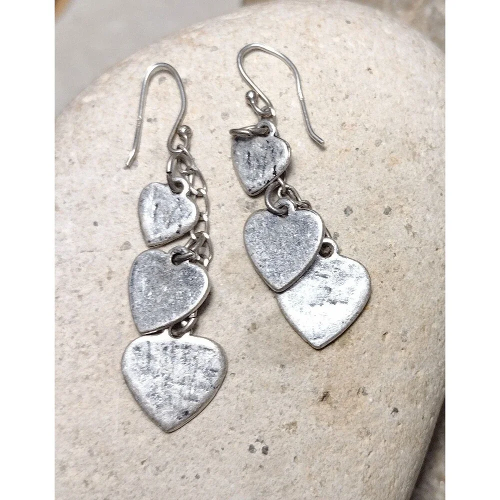 .925 Sterling Silver Hammered Heart Chain Dangle Earrings